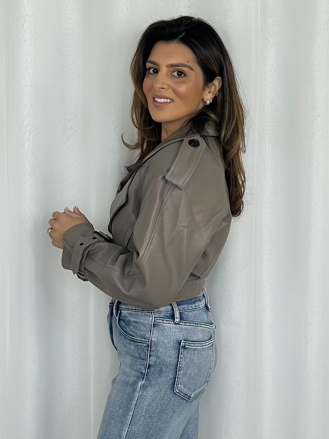 Taupe Faux Leather Belted Cropped Collared Jacket
