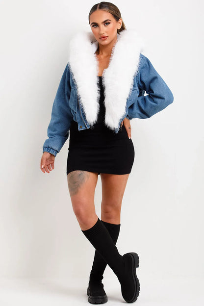 Denim Bomber Jacket With White Faux Fur Hood And Trim