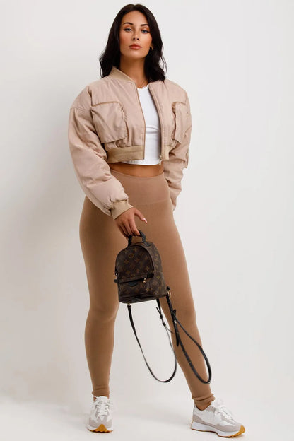 Crop Bomber Jacket With Pockets Beige
