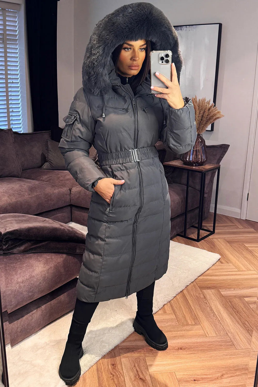 Longline Puffer Padded Coat With Fur Hood And Belt Grey