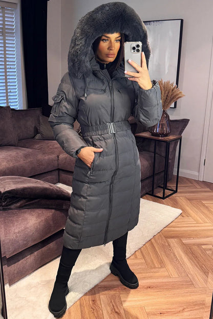 Longline Puffer Padded Coat With Fur Hood And Belt Grey