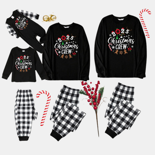2025 Christmas Crew Making Memories Together Text Print Black Long Sleeve Top with Black And White Plaid Pants Family Matching Pajamas