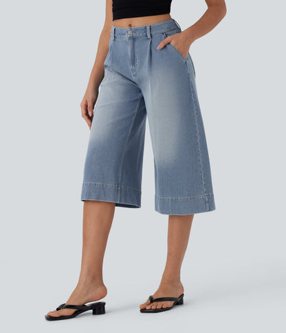 FlexTM Mid Rise Capri Wide Leg Washed Casual Jeans with Pockets