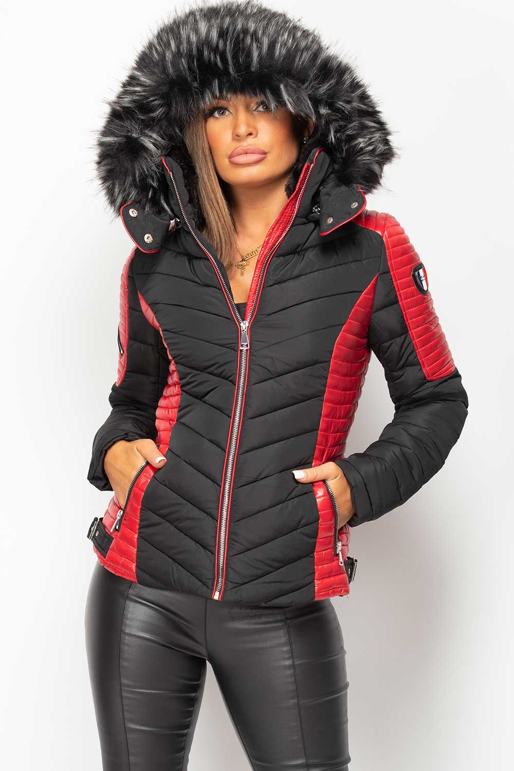 Puffer Coat With Faux Fur Black And Red