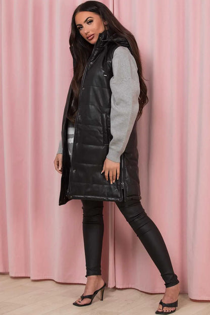 Black Faux Leather Padded Gilet With Side Zips