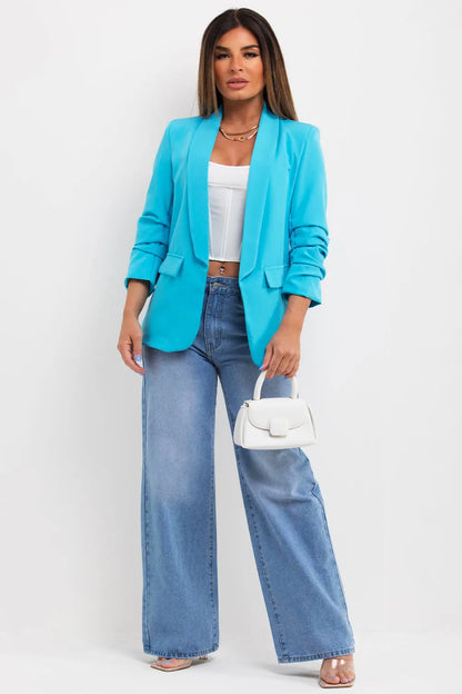 Turquoise Ruched Sleeve Blazer
