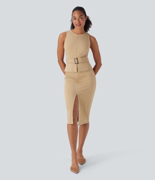 Sleeveless Keyhole-Back Belted Midi Work Dress