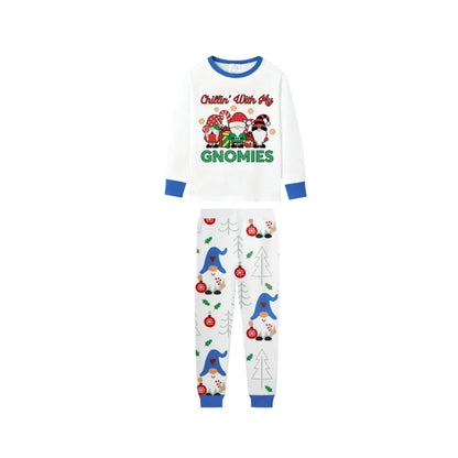 Blue Family Christmas Holiday Pajamas Set with Merry Gnome Pattern Print