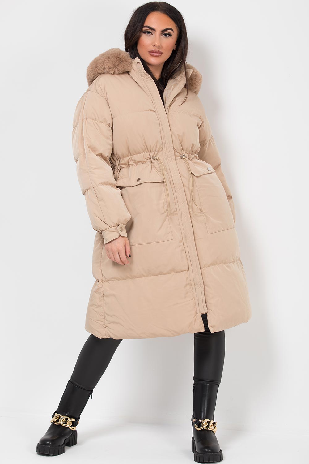 Long Puffer Coat With Faux Fur Hood And Drawstring Waist Beige