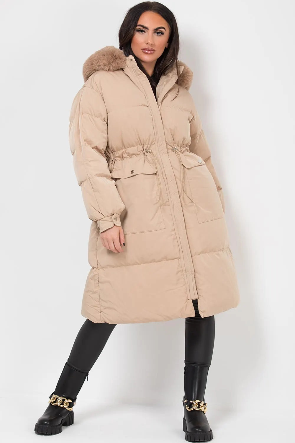 Long Puffer Coat With Faux Fur Hood And Drawstring Waist Beige