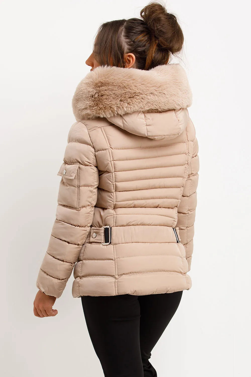 Puffer Jacket With Faux Fur Hood Side Buckle Detail Beige
