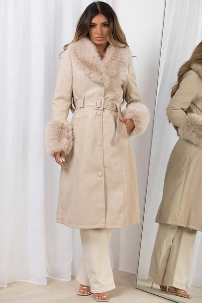 Long Faux Fur Faux Leather Jacket With Belt Beige