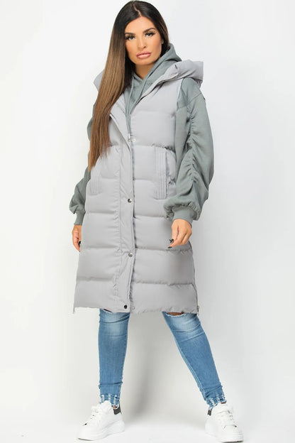 Grey Padded Longline Hooded Gilet