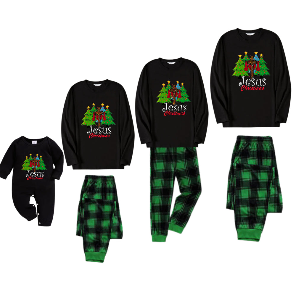 Christmas Family Matching Pajamas-Black Top and Green Plaid Pants Pjs Set with "Jesus Christmas" Print
