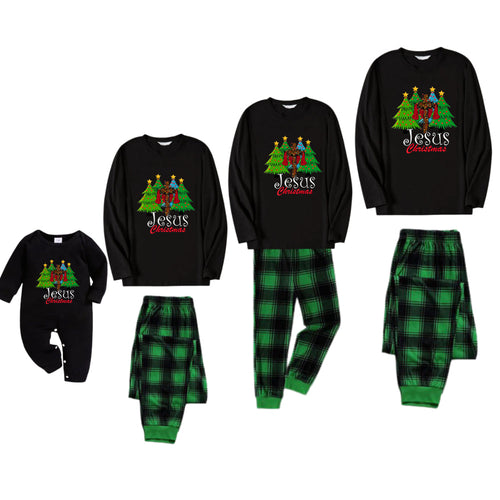 Christmas Family Matching Pajamas-Black Top and Green Plaid Pants Pjs Set with "Jesus Christmas" Print