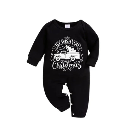 Christmas Family Matching Pajamas-Black Top and Green Plaid Pants Pjs Set with "We Wish You A Merry Christmas" and Christmas Car Pattern Print