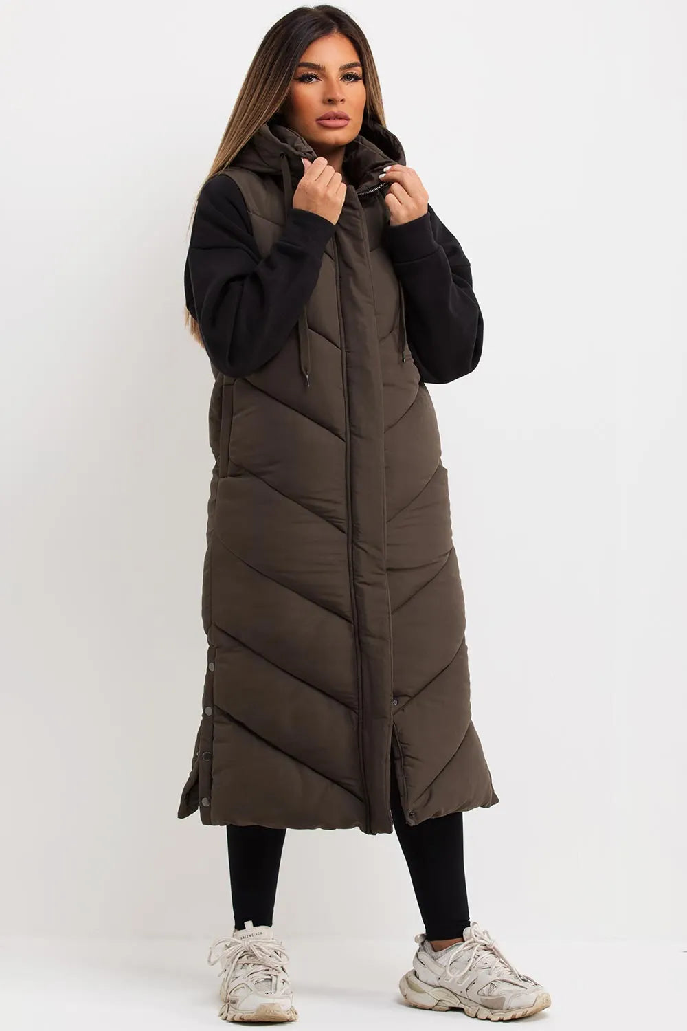 Khaki Long Gilet With Chevron Padded Style