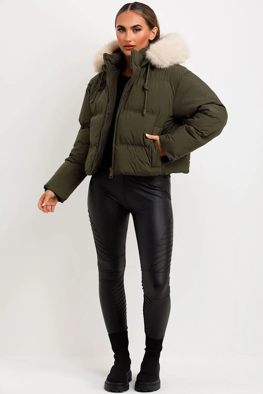 Puffer Jacket With Faux Fur Hood Khaki