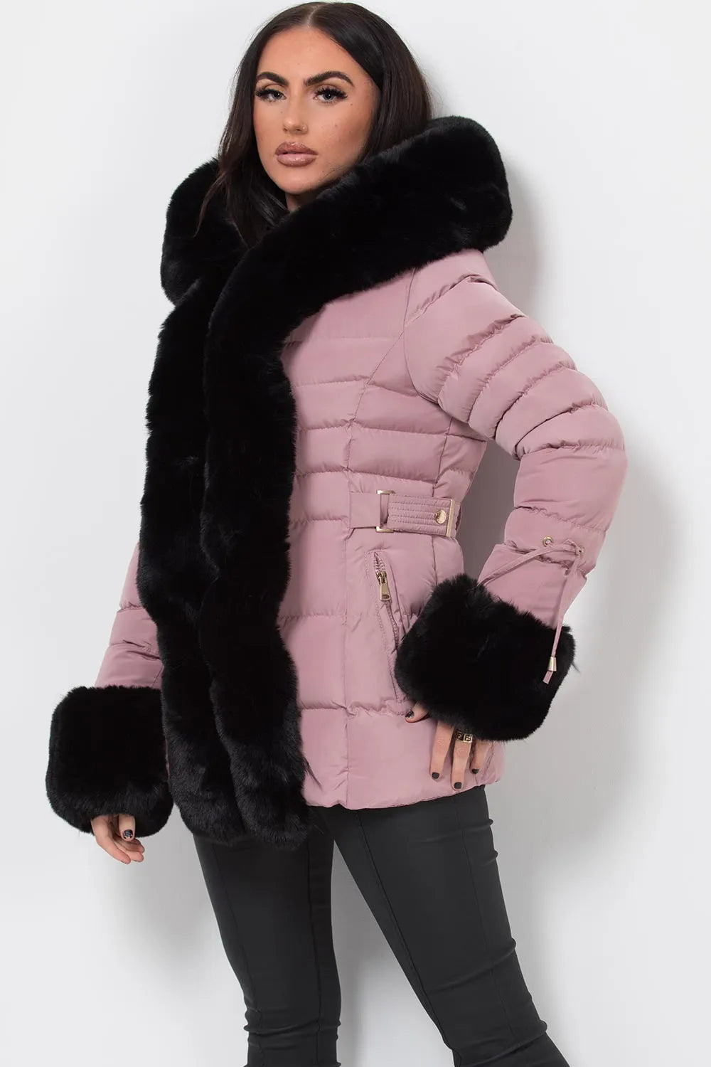 Pink Puffer Coat With Faux Fur Hood And Cuff
