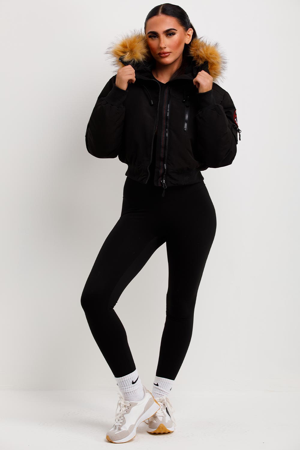 Canada Crop Bomber Jacket With Fur Hood Black