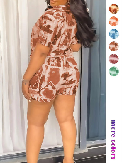 Two-piece Set Women's All Over Print Short Sleeve Shirt & Shorts