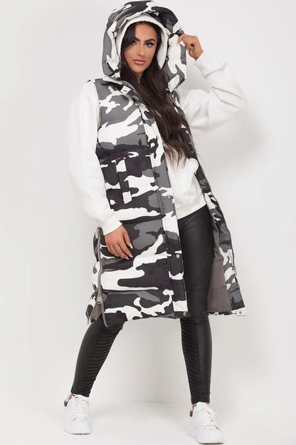 Camouflage Longline Puffer Gilet Grey