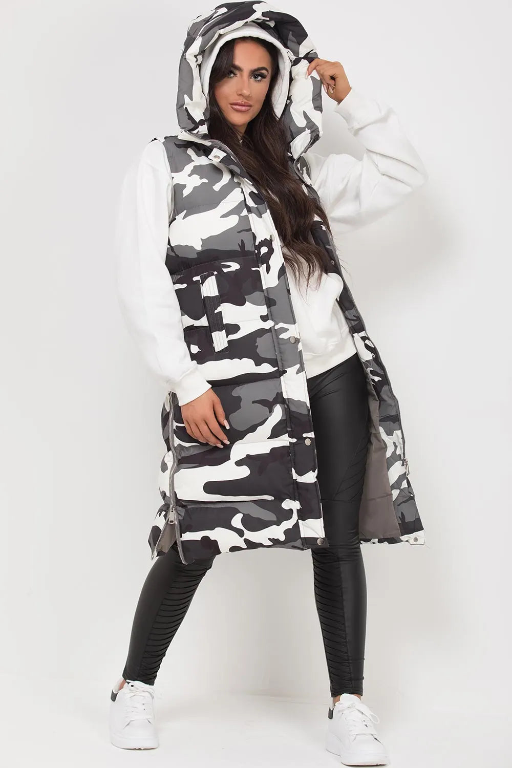 Camouflage Longline Puffer Gilet Grey