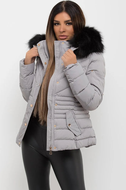 Puffer Coat With Fur Hood Grey