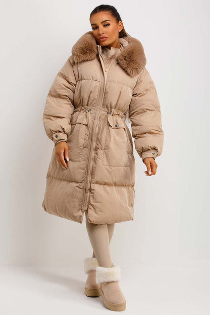 Long Puffer Coat With Faux Fur Hood And Drawstring Waist Beige