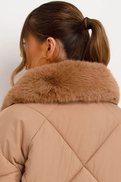 Long Puffer Quilted Coat With Fur Collar Camel