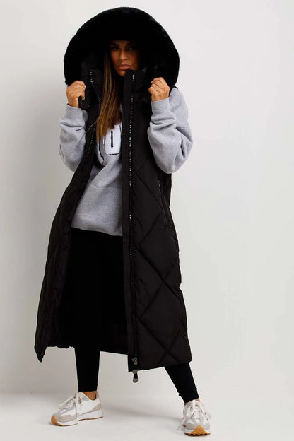 Black Long Puffer Gilet With Fur Hood