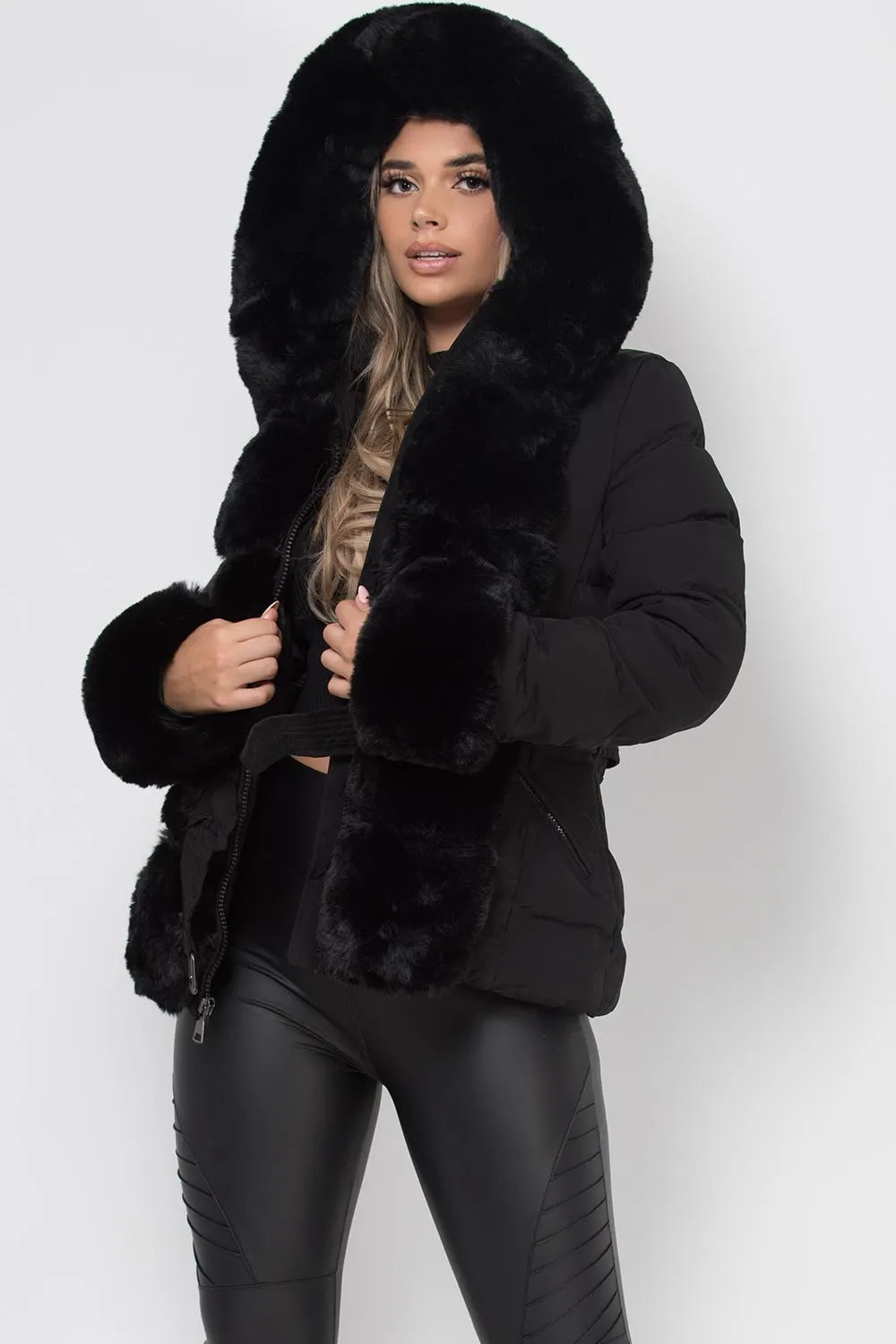 Puffer Jacket With Luxury Faux Fur Hood And Trim Black