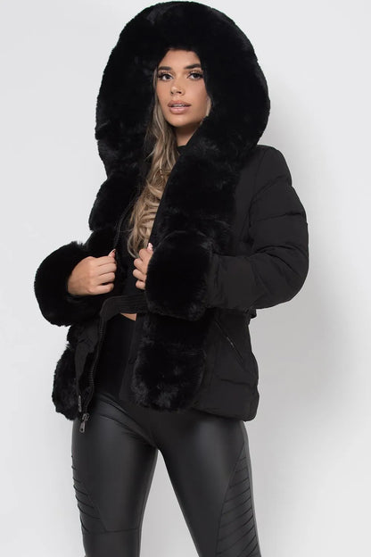 Puffer Jacket With Luxury Faux Fur Hood And Trim Black