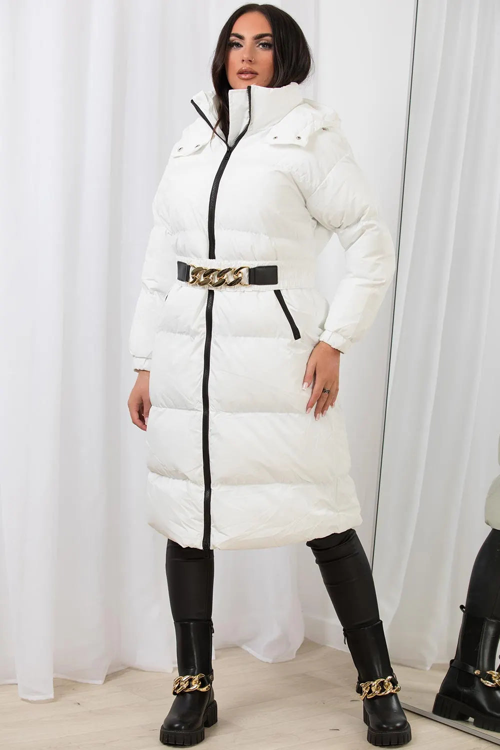 Long Puffer Padded Coat With Gold Chain Belt White