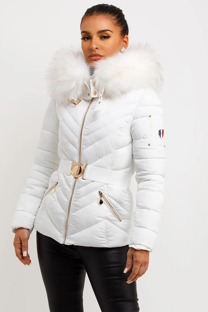 Puffer Jacket With Fur Hood And Belt White