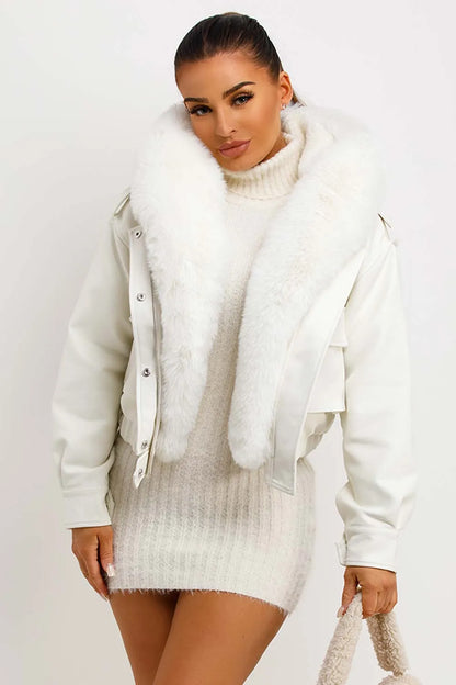 Faux Leather Bomber Jacket With Faux Fur Hood White