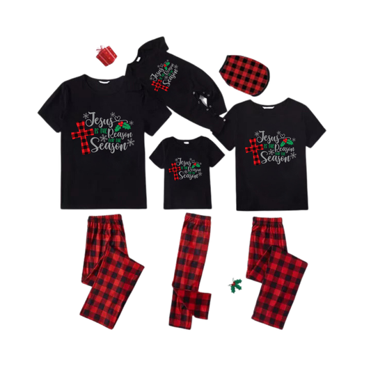 Jesus is the Reason Family Pajamas Set - Black Top Red Pants Red Plaid Sleeves Cross and Snowflake Print