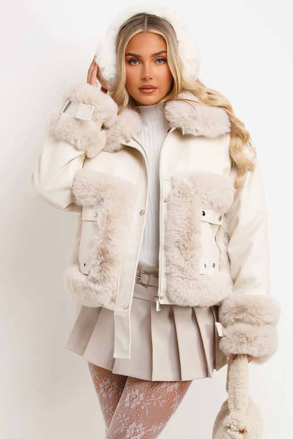 Faux Fur Trim Faux Leather Jacket Beige