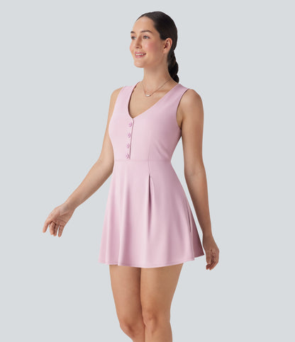 V Neck Sleeveless Decorative 2-Piece Mini Casual Dress with Pocket