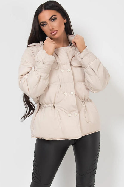 Puffer Jacket With Elasticated Drawstring Beige