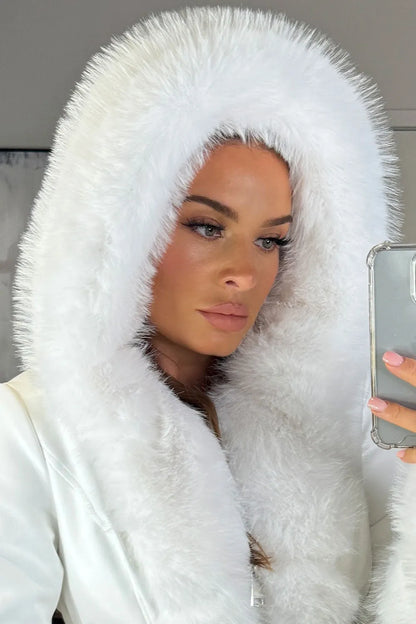 Faux Leather Fur Coat With Hood And Belt White
