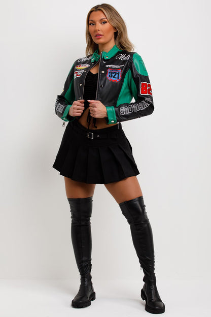Faux Leather Racer Jacket Green