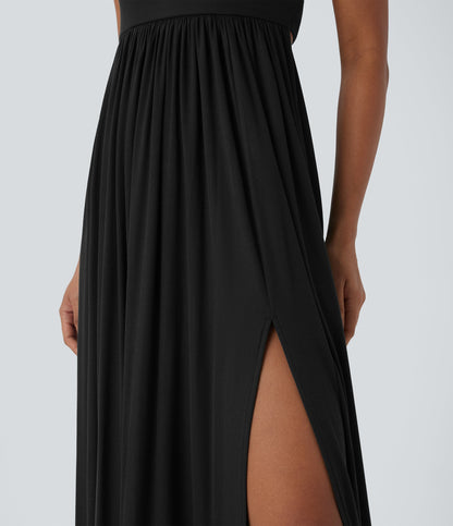 Ribbed Tie Back Ruched Maxi Slip Dress with Pockets