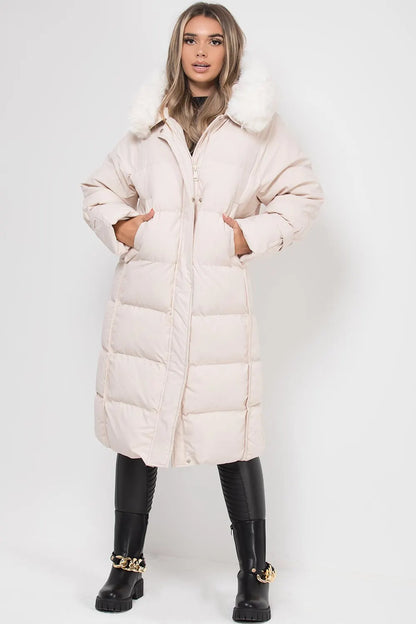 Long Puffer Down Coat With Faux Fur Hood Beige