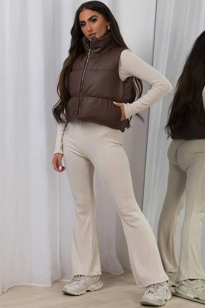 Crop Gilet In Faux Leather Brown