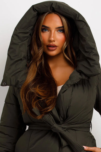Long Puffer Coat With Hood And Belt Khaki