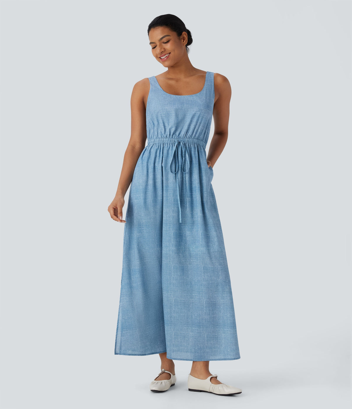 Sleeveless Drawstring Maxi Casual Dress with Pockets
