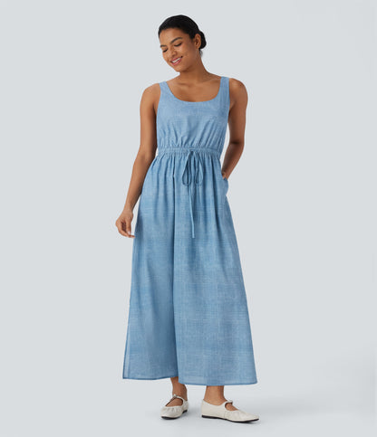 Sleeveless Drawstring Maxi Casual Dress with Pockets