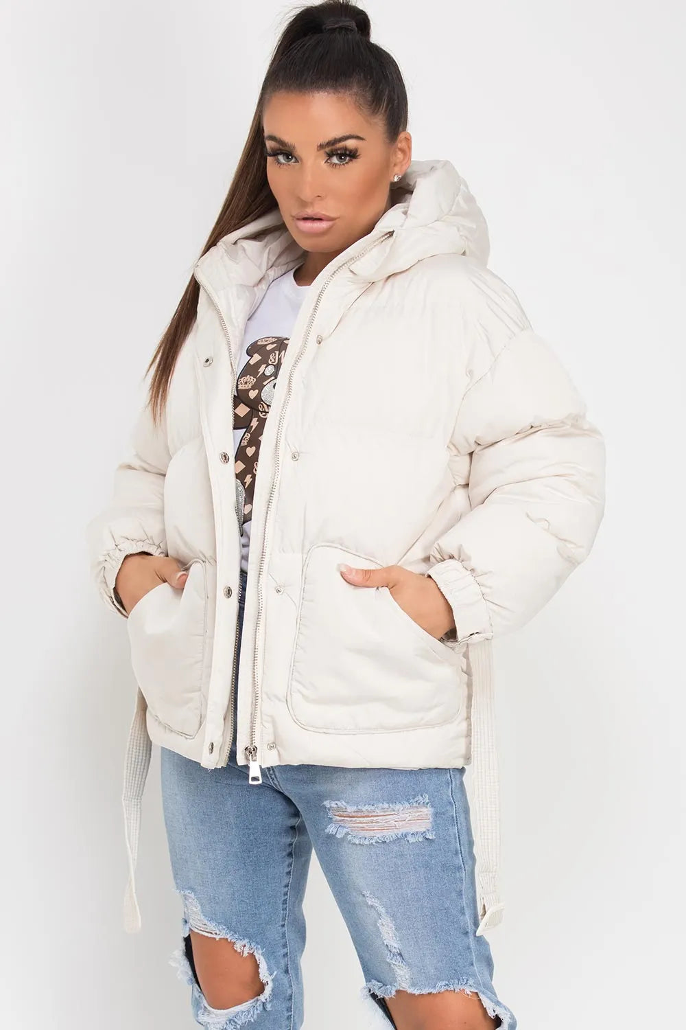 Puffer Padded Jacket With Belt Beige