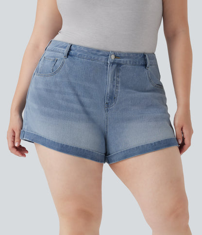 FlexTM Mid Rise Zipper Pockets Denim Casual Plus Size Shorts 3''